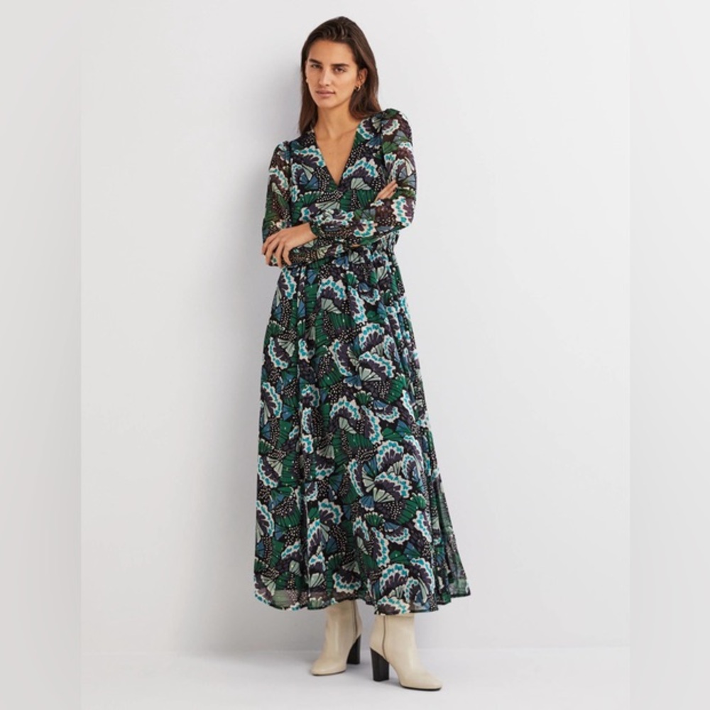 Boden Green Metallic Detail Maxi Dress Black green blue butterfly pattern flowy